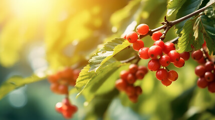 Obraz premium Close up Fresh organic red coffee cherries, raw berries coffee beans on coffee tree plantation.