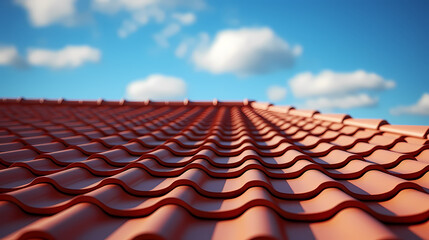 Photo of new roof, close-up of roof tiles against blue sky