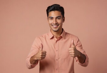 A charming man in a salmon shirt shows enthusiasm with a double thumbs up.