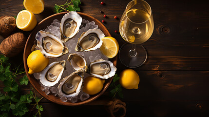 Fresh Oysters close up on blue plate, served table with oysters, lemon and ice. Healthy sea food. Fresh Oyster dinner with sparkling wine in restaurant. Gourmet food