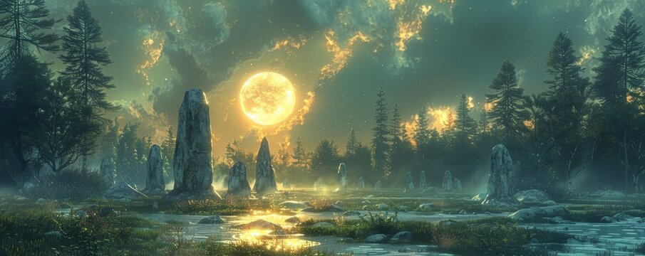 Ancient ritual in a moonlit forest, encircling stones, mystical energy flowed.