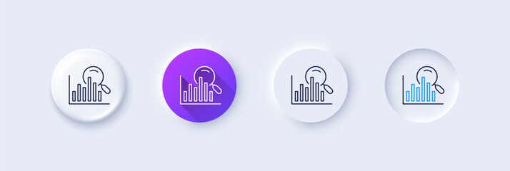 Search line icon. Neumorphic, Purple gradient, 3d pin buttons. Audit analysis sign. Magnify glass. Line icons. Neumorphic buttons with outline signs. Vector