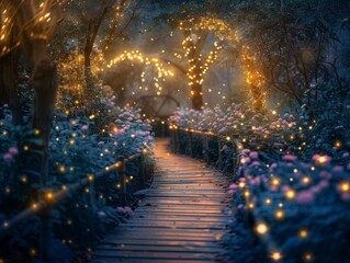 An enchanted garden at night with fireflies lighting paths exudes magical tranquility.