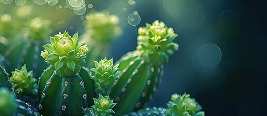 A detailed view of a Tajinaste Echium cactus plant with green succulent flowers, showcasing water droplets on its surface. - obrazy, fototapety, plakaty