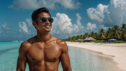  Bellissimo uomo di origini asiatiche sulla spiaggia di un'isola tropicale in una giornata di sole durante una vacanza - obrazy, fototapety, plakaty