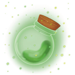 Round glass jar with cork stopper and green potion inside on transparent background