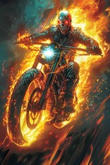 Vibrant illustration of a burning ghost biker. epic poster of a burning skull on top of a motorcycle