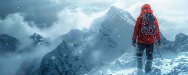 Intrepid explorer braves treacherous mountain pass in blizzard, fearless in pursuit of adventure. - obrazy, fototapety, plakaty