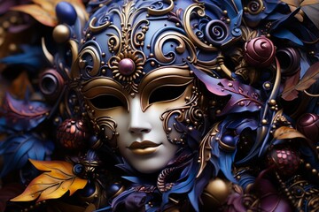 Extravagant venetian full-face mask adorned with blue and gold accents for masquerade