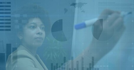 Animation of diagrams and data processing over biracial businesswoman taking notes - Powered by Adobe