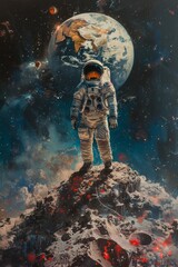 Fototapeta premium Lonely astronaut on a spacewalk, Earth rising in the background.