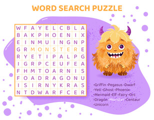 Word search puzzle with mythical animals. Magical creatures. Education game for children. Learning English language. Cartoon spelling puzzle. Test for kids. Crossword page. Vector illustration. © Iuliia Savko