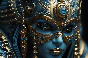 Close-up of a girl's face in a blue venetian mask