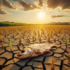 Amidst a field of withered crops, a fish's demise is illuminated by the soft light of the setting sun - obrazy, fototapety, plakaty