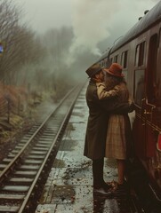 A poignant goodbye at a train station, steam and farewells, vintage setting.