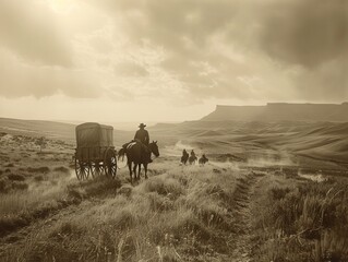 A pioneer family on the frontier, amidst a vast prairie, setting up their homestead, gazes towards a hopeful horizon. - obrazy, fototapety, plakaty