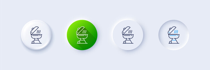 Grill line icon. Neumorphic, Green gradient, 3d pin buttons. Barbecue cooker for cooking food sign. Hot meat brazier symbol. Line icons. Neumorphic buttons with outline signs. Vector - obrazy, fototapety, plakaty