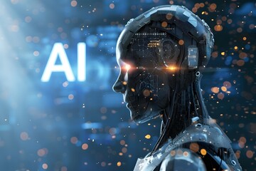 Robot with AI written text. Futuristic background. AI generated image 