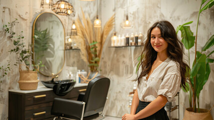 a happy hair stylist in her salon, haircolor, hairdye, hair designs