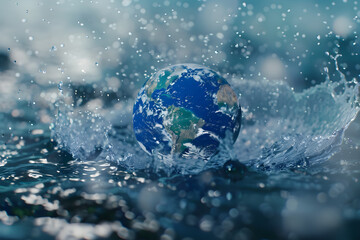 Earth globe with water splash on blue wave background. World Water Day, Mother Earth day. Save water and conservation concept. Environmental problems and protection. Caring for nature and ecology