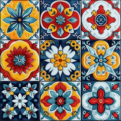 Fototapeta na wymiar Talavera pattern. Azulejos portugal. Turkish ornament. Moroccan tile mosaic. Spanish porcelain. Ceramic tableware, folk print. Spanish pottery. Ethnic background. Mediterranean seamless wallpaper.