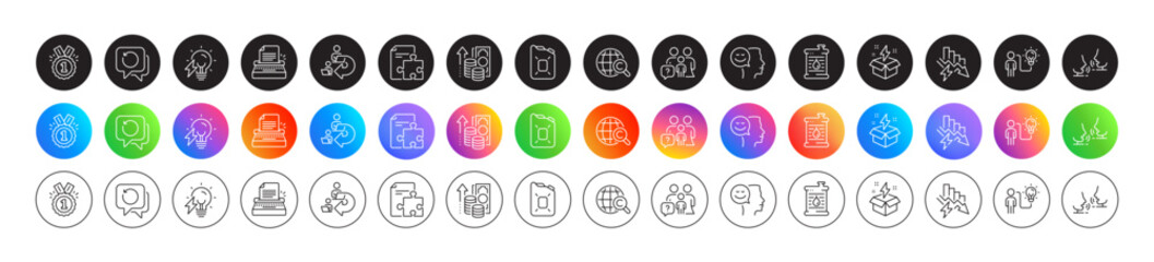 Inflation, International copyright and Talk line icons. Round icon gradient buttons. Pack of Family questions, Creative idea, Typewriter icon. Electricity bulb, Strategy, Oil barrel pictogram. Vector