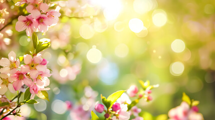 Fototapeta premium Spring blossom background with bokeh lights and pink flowers.