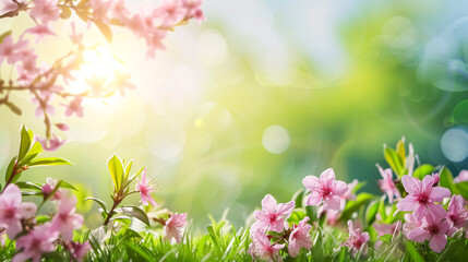 Spring blossom background with bokeh lights and pink flowers. 
