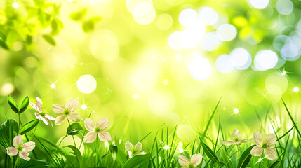Spring nature background with green grass, flowers and bokeh lights
