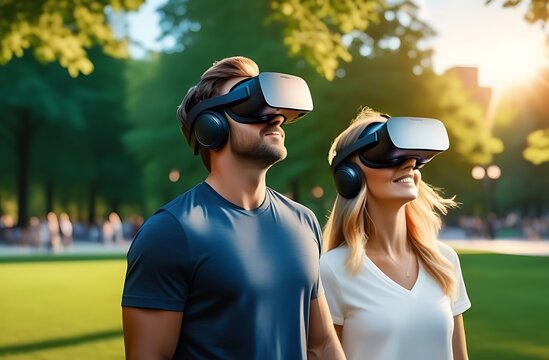 A couple of a man and a woman in virtual reality glasses walk in the park, evening, sun	

