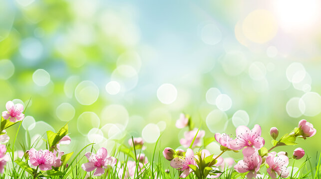 Spring nature background with blooming tree and bokeh lights.