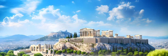 Papier Peint photo autocollant Athènes Timeless Harmony: Ancient Acropolis and Modern Athens Under a Serene Blue Sky