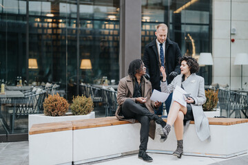 Three business colleagues engaging in a friendly conversation while seated on a bench outside a modern office building.