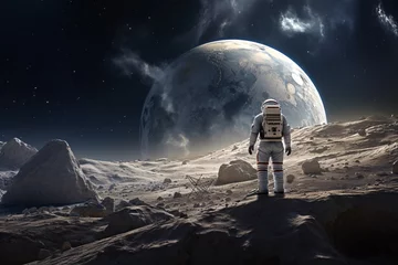Fotobehang a astronaut standing on a rocky surface with a large planet in the background © Andrei