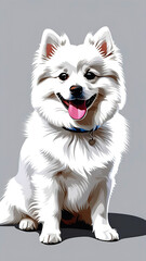 White spitz dog in full growth on turquoise background isolated. Friendly Pet Animal Friendship Animal Feed Poster for Veterinary Clinic Grooming Studio.