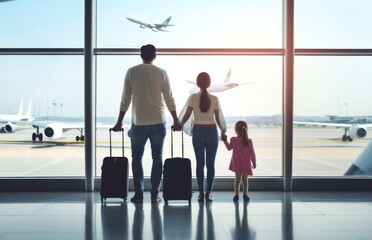happy family with luggage at airport terminal, parents and daughter travel together. Travel and business concept. Travel and tourism concept with copy space. Copy space. 