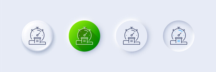 Timer line icon. Neumorphic, Green gradient, 3d pin buttons. Stopwatch time results sign. Podium with countdown clock symbol. Line icons. Neumorphic buttons with outline signs. Vector - obrazy, fototapety, plakaty