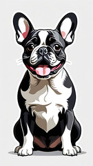 French bulldog dog in full growth on turquoise background isolated. Friendly Pet Animal Friendship Animal Feed Poster for Veterinary Clinic Grooming Studio.