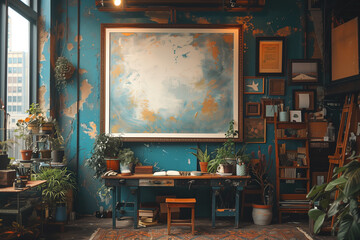 A room featuring a large painting on the wall, surrounded by various art supplies and furniture, mockup