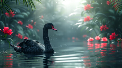a black swan on a serene misty pond with red flowers in the background, in a front side view in a Horizontal layout, in a Natural ethereal-themed, photorealistic illustration in JPG. Generative ai