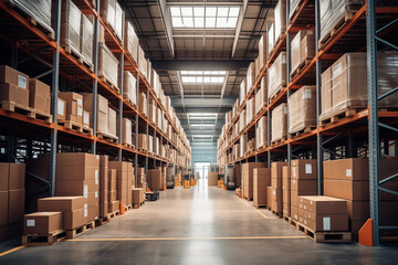 Large warehouse, commercial building with shelves filled with cardboard boxes