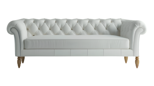  An elegant modern sofa standing alone against, transparent background.