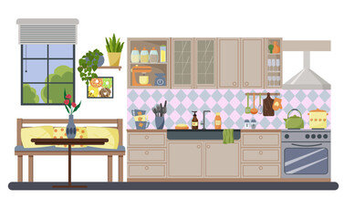 Modern kitchen interior with sofa and table. Kitchen utensils, sink and stove, cabinets, various accessories. Spices and utensils, mixer and scales. Window with blinds. Flat vector.
