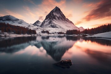 a mountain and lake with snow and trees - obrazy, fototapety, plakaty