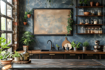 Fototapeta na wymiar A kitchen abundantly filled with numerous potted plants of various sizes and types, creating a green and lively atmosphere, mockup