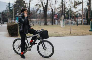 Obraz premium A young male business entrepreneur is engaged in a phone conversation, taking a break with his bicycle in an urban park setting.