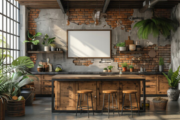 A kitchen featuring a brick wall adorned with numerous potted plants, mockup