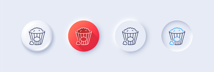 Popcorn line icon. Neumorphic, Red gradient, 3d pin buttons. Pop corn sign. Cinema snack food symbol. Line icons. Neumorphic buttons with outline signs. Vector