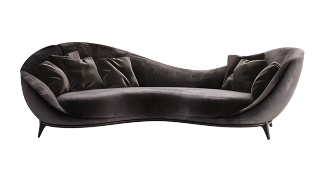 Capturing the contemporary elegance of a modern sofa adorned with sleek curves, transparent background.