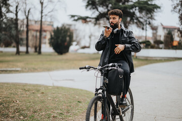 Focused entrepreneur with a leather jacket on an urban bike call via smart phone in a city park setting.